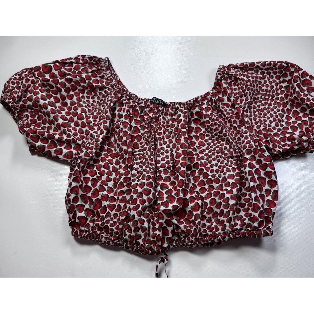 J.Crew M Crop Blouse Strawberry Print Puff Sleeve Festival
